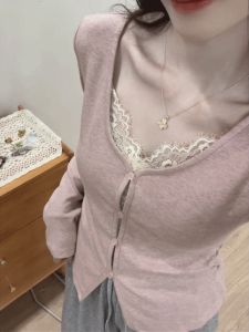 Korean Style Lace Splice Fake Two-Piece Knitted Sweater Womens Slim Fit Short Sleeve V-Neck Top Soft Gentle Inner Wear
