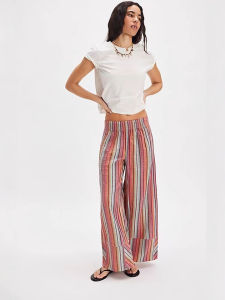 Casual Striped Wide-Leg Pants Womens Loose Fit Street Style Low Waist Elastic Waistband Polyester Straight Cut Trousers