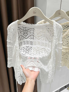Womens Short Sleeve Hollow out Thin Knitted Cardigan Ultra Light Summer Cover up Sun Protection Shawl V Neck Open Front Design