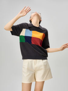 GULILI | Color Checkered Knitted Short Sleeve Womens T-Shirt