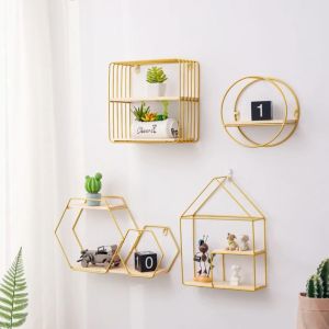 Metal Wall Rack House Shape 2 layer Wall Sundries Holder Multi-use Wooden Wall Shelf Storage B