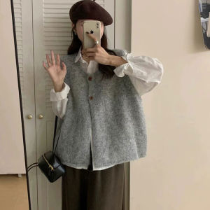 เสื้อเชิ้ตคอตั้งแขนยาวถักสไตล์ย้อนยุคฤดูใบไม้ผลิ 2025 แฟชั่น เสื้อกั๊กแขนกุด อบอุ่น แขนสั้น ปกติ แขนกุด ปกติ