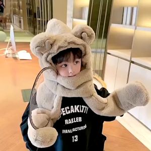 Mũ Len 3in1 Lông Trùm Đầu Có Kính Chắn Gió Kèm Khăn Quàng Cổ Và Xỏ Tay Cho Bé