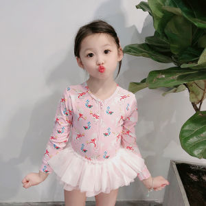 INS Kids Swimsuit Female Princess Skirt Long Sleeves Sun Protection One-Piece Swimming Suit Baby Cute Gauze Skirt Swimsuit