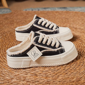 WANGGONGZHU | Womens Fashionable Casual Canvas Shoes Breathable Thick Bottom Retro Trendy Cross Buckle Low Cut Rubber Sole Round Toe