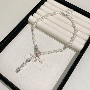Trendy Spicy Girl Style Pearl Necklace with Embedded Diamonds Womens Waterdrop Silver Snake Luxury Minimalist High-End Sensation Sweater Chain Accessory