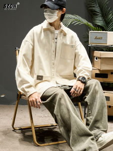 Long Sleeve Casual Shirt for Men Spring Autumn Style Loose Fit Workwear Jacket with Pockets Trendy Youth Cotton Blend