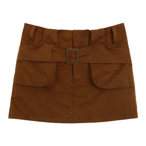 Slimming Short Skirt with Belt Half Elastic Waistband Versatile Street Style Pure Color A-Line Skirt for Young Women
