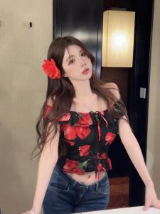 GUZILIAN | Retro Rose Embroidered Slim Fit One Shoulder Womens Tank Top Summer Sweet And Spicy Style Tea Break Fashion Casual Commute Wear