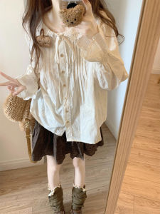 French Vintage Sweet Lace Collar Long Sleeve Shirt Womens Loose Design Spring New Style Small Size Top Cotton Polyester Blend