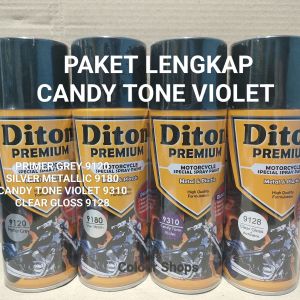 Pilok Cat Diton Premium Paket Lengkap 4 kaleng Candy Violet Candi Tone Ungu 9310 Primer Grey Epoxy 9120 Silver Metalic 9180 Clear Glossy 9128 400cc Pilox Paketan Cat Semprot Special Spray Paint