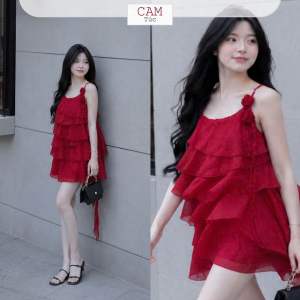 Áo Hai Dây Tơ Óng Nhiều Tầng Form Rũ Dấu Quần Kèm 3 Charm Hoa Áo Hai Dây Cho Nữ Màu Đỏ Xanh Đen