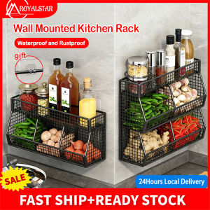 Royalstar Wall Mounted Kitchen Hanging Rack Organizer Vegetable Fruit Spice Seasoning Storage Rack Thickened Storage Basket Bathroom Storage Shelves