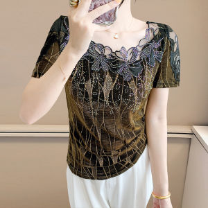 Áo lưới đính kim cương chạm khoét Yimei áo thun màu đen nữ cotton Mới Mùa Hè Áo thun tay ngắn áo nhỏ phong cách của mẹ