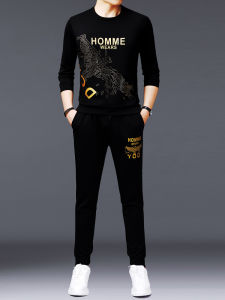 Pierre Cardin Mens Fashion Casual Set Thickened Long Sleeve Sweatshirt Autumn Winter Warm Plush Print Comfortable Leisure Suit