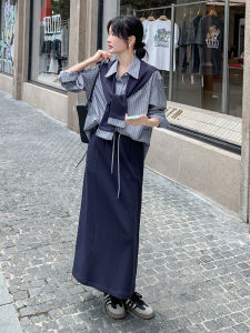 Korean Striped Shawl Shirt Half Skirt Set Womens Casual Loose Feelings Three-piece Set Autumn Fashion Comfortable Polyester