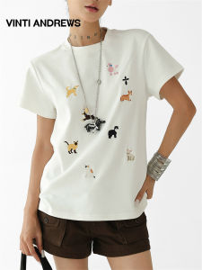 Vintage Fun Puppy Embroidery Versatile Womens Short Sleeve Tee