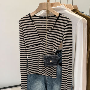 Pure Desire Spicy Girl V-neck Striped Long Sleeve T-shirt Womens Spring Autumn New Style Inner Wear Base Shirt Top