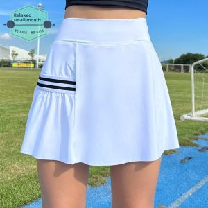 Stripes Patchwork Quick-Drying Breathable Stretch High Waist Anti-Exposure Running Sports Dancing Tennis Skirt Short Pantskirt Pleated Skirt