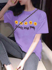 Loose Womens Short Sleeve T-Shirt Purple Summer 2020 Korean Style Floral Print round Neck Casual Top Trendy Ins Small Daisy