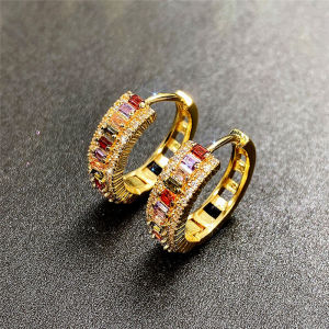 Huitan Rainbow Rectangular Cubic Zirconia Hoop Earrings for Women Bling Bling Luxury Wedding Accessories Party Fashion Jewelry