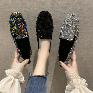 2022 Autumn and Winter New Sequins Shallow Mouth Casual Flat Heel Boat Shoes for Women