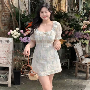 Summer French Style Tea Break Dress plus Size Sweet Square Collar Mini Skirt A-Line Silhouette Floral Print Short Sleeve Dress