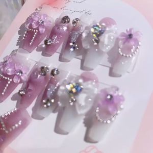 24PCS Kawaii Lucu Prancis Palsu Kuku Patch Berkedip Desain Berlian Imitasi Berbentuk Hati Cinnamoroll Mymelody Kuromi Kuku Penutup Penuh