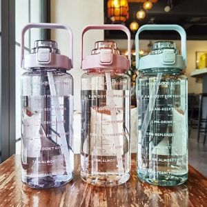 2L Straw Water Bottle Large Capacity Plastic Water Cup Portable Drink Bottle With Time Marker For Outdoor Sports