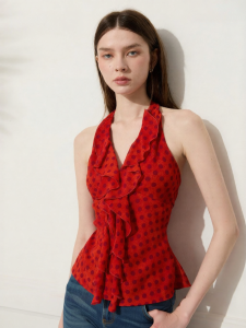 D-PLAY | Chic Versatile Retro Polka Dot Halter Flounce Top