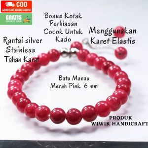 Gelang Tangan Wanita Batu Manau Pink Kemerahan 6 mm Stainless Tahan Karat Kado Hadiah Terbaru