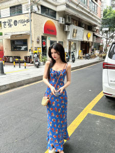 Slimming Printed Halter Dress Womens Summer Long Dress High Waist Ins Style Polyester Fiber No Sleeve Floral Patterned Gown