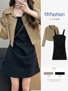 Short Suit Jacket Womens Autumn Set Matching Tea System Two-Piece Small Size Elegant Slimming Strap Dress Fashion Set
