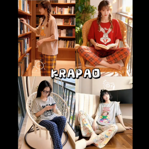 *รุ่นใหม่ในปี 2025*ชุดนอนผู้หญิง ชุดเสื้อแขนสั้นและกางเกงขายาว ลายการ์ตูนน่ารัก การจัดส่งแบบสปอต