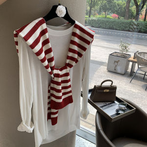 New Okala Red Knitted Stripe Woolen Shawl Womens Spring Autumn Outerwear Fake Collar Shoulder Wrap Versatile Cardigan