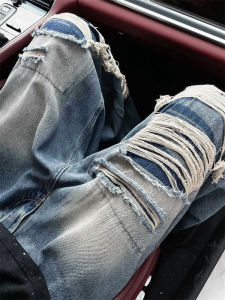 กางเกงยีนส์ทรงหลวมขาบานสไตล์ฮิปฮอปสำหรับผู้ชาย กางเกงขายาวทรงหลวมสไตล์สตรีท กางเกงยีนส์ขาดสไตล์อเมริกัน กางเกงขายาวทรงหลวมสำหรับฤดูร้อน