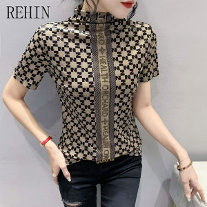 REHIN Autumn new fashion printed half-high collar velvet short-sleeved T-shirt with slim fit and versatile womens top