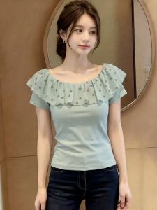 SHUQINGLAI | Off Shoulder Ruffled Knit Top T-Shirt Summer Slim Fit