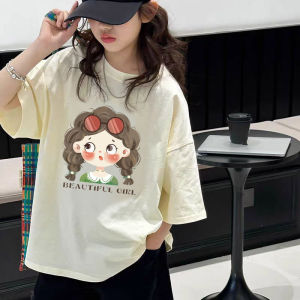 New 2025 Pure Cotton Half Sleeve Childrens T-Shirt for Girls Summer Fashionable Short Sleeve Top in Apricot Color Casual Style