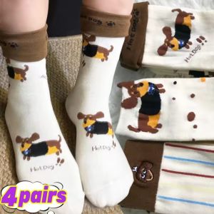 4Pairs Cute Sausage Dog Mid-tube Stockings Women Autumn Winter Cute Cartoon Print Animal Dog Pattern Socks Girls Sleeping Socks