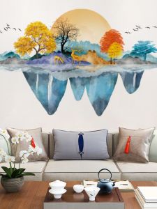 ติดเตาปูนลายภาพวาดเทือกเขาและลำธารสไตล์จีนใหม่สำหรับตกแต่งผนังห้องนั่งเล่น เตียงนอน ต้นไม้โชคดี สติ๊กเกอร์ตกแต่งผนังที่ติดได้ด้วยตัวเอง