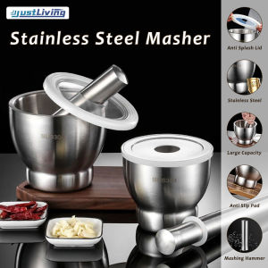 JustLiving 304 Stainless Steel Mortar and Pestle Set Spice Grinder Pill Crusher Herb Bowl Pesto Powder Enhanced Performance Spice Grinder with Lid - Ideal for Grinding Herbs/ Spices/ Garlic/ and More