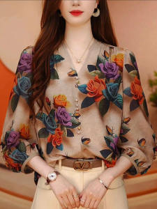 Fashionable Mom High-End V-neck Top Womens Summer Loose Belly Covering Elegant Seven-quarter Sleeve Printed Shirt