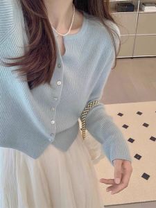 Korean Style Soft Lazy Sky Blue Knitted Sweater Coat round Neck Design Unique Female Outerwear Early Spring Commute Fashion