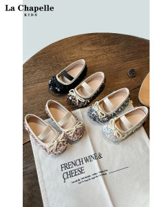 รองเท้าเด็กเจ้าหญิง La Chapelle ฤดูใบไม้ร่วง 2025 รองเท้าหนังผูกโบว์ลายผีเสื้อสีลูกกวาด ทรงหัวมน รองเท้าเด็กผู้หญิง