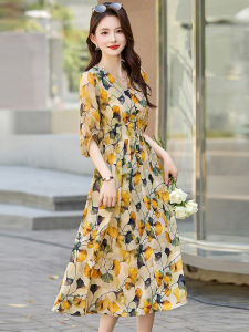 OUCAO | Ginkgo Leaf Print Dress Slimming and Concealing Mid-Length