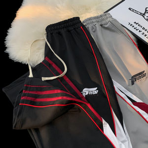 Casual American Style Mens Color Block Striped Loose Fit Sweatpants Street Hip Hop High Street Long Trousers Autumn Sport Pants