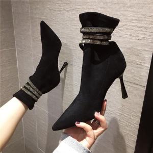 Fashionable Diamond High Heel Martin Boots Womens Slim Fit Short Boots Korean Style Velvet Inner Ultrafine Fiber PU Footbed