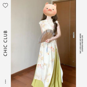 Fancy Elegant Green New Chinese Style Improved Cheongsam Dress Female Summer Gentle Slimming Dress Suit Summer