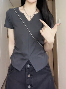 Slim Fit V-Neck Short Sleeve T-Shirt for Women Summer Style Casual Work Clothing with Creative Pattern